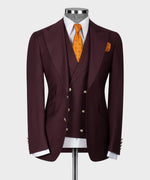 Valerio Milano 3-Piece Italian Men's Suit Burgundy 100% Wool Golden Button Business Classic Suit