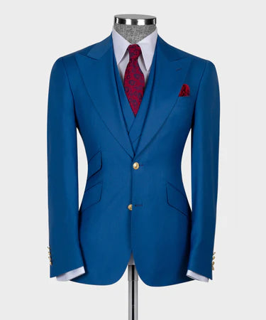 Valerio Milano 3-Piece Italian Men's SuitBlue 100%Wool Golden Button Business Triple Classic Suit