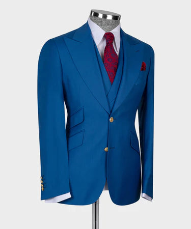 Valerio Milano 3-Piece Italian Men's SuitBlue 100%Wool Golden Button Business Triple Classic Suit