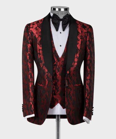 Valerio MilanoBlack Double Lapeled Red Tuxedo Suit