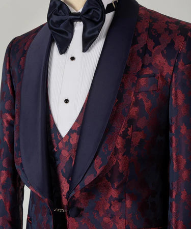 Valerio Milano Dark Blue Double Lapeled Burgundy Tuxedo Suit