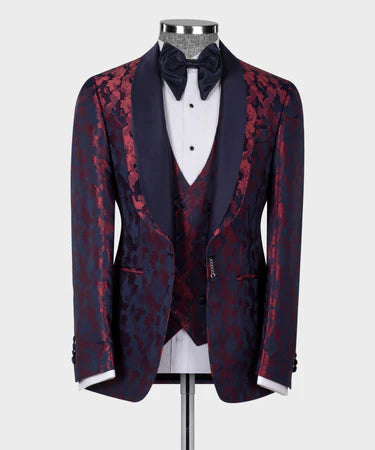 Valerio Milano Dark Blue Double Lapeled Burgundy Tuxedo Suit
