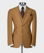 Valerio Milano 3-Piece Italian Men's Suit -Light Brown Golden Button 100% Wool Classic Vest Suit