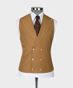 Valerio Milano 3-Piece Italian Men's Suit -Light Brown Golden Button 100% Wool Classic Vest Suit