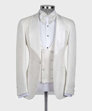 Valerio Milano 3-Piece Italian Men's Tuxedos Suit White Embossed Fabric