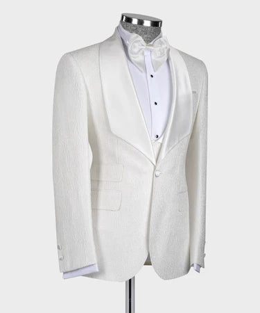 Valerio Milano 3-Piece Italian Men's Tuxedos Suit White Embossed Fabric