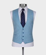 Valerio Milano 3-Piece Italian Men'sSuit- Blue 100% Wool Front 2 Button Vest Classic Suit W/ Straight Leg Trousers