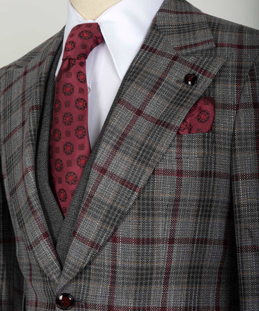Valerio Milano 3-Piece Italian Men's Suit Gray & Red 100% Wool 3 Side Pockets Triple Classic Suit Straight Leg Trousers