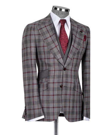 Valerio Milano 3-Piece Italian Men's Suit Gray & Red 100% Wool 3 Side Pockets Triple Classic Suit Straight Leg Trousers