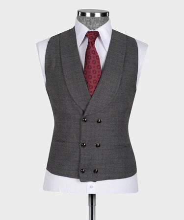 Valerio Milano 3-Piece Italian Men's Suit Gray & Red 100% Wool 3 Side Pockets Triple Classic Suit Straight Leg Trousers