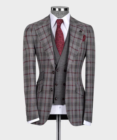 Valerio Milano 3-Piece Italian Men's Suit Gray & Red 100% Wool 3 Side Pockets Triple Classic Suit Straight Leg Trousers