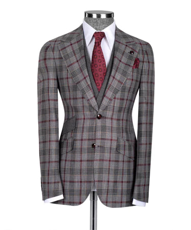 Valerio Milano 3-Piece Italian Men's Suit Gray & Red 100% Wool 3 Side Pockets Triple Classic Suit Straight Leg Trousers