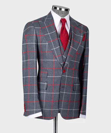 Valerio Milano 3-Piece Italian Men's Suit Gray Dot Seam 3 Side Pockets Triple Classic Suit Suit W/ Straight Leg Trousers
