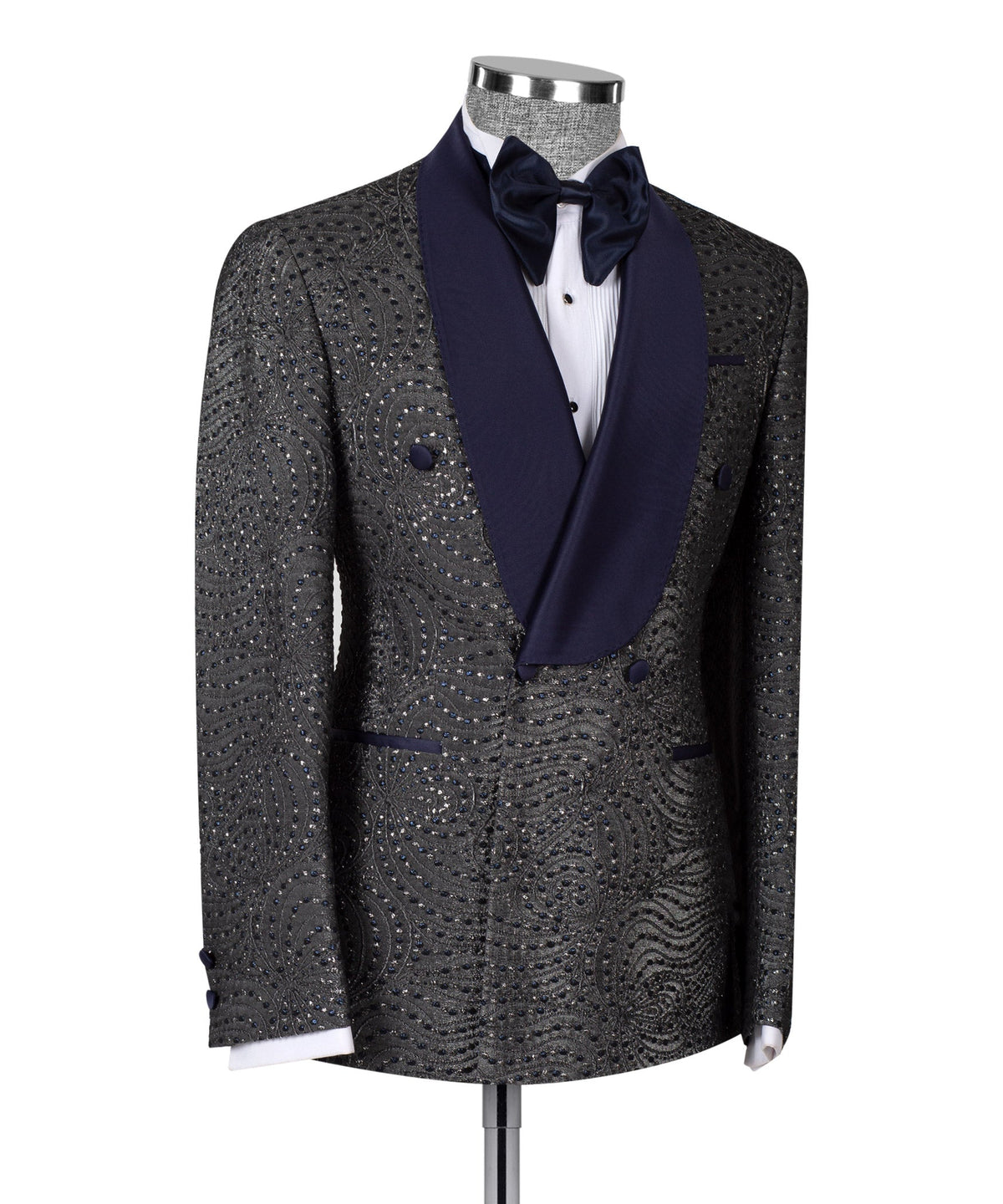 Valerio Milano Men's 100% Silk Navy Blue Patterned Grey Color Double Breasted Tuxedo