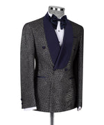 Valerio Milano Men's 100% Silk Navy Blue Patterned Grey Color Double Breasted Tuxedo