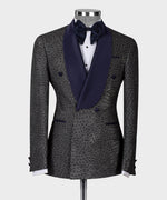 Valerio Milano Men's 100% Silk Navy Blue Patterned Grey Color Double Breasted Tuxedo