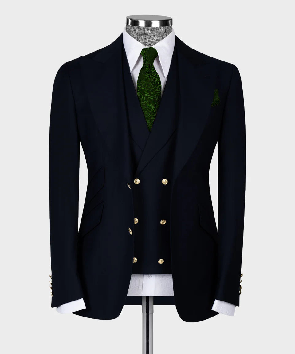 Valerio Milano 3-Piece Italian Men's Suit Dark Blue 100% Wool Front 2 Button Triple Classic Vest Suit Straight Leg Trousers