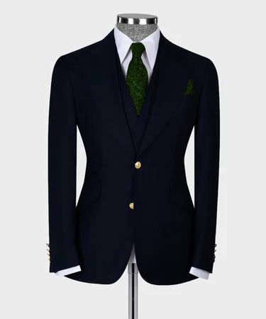 Valerio Milano 3-Piece Italian Men's Suit Dark Blue 100% Wool Front 2 Button Triple Classic Vest Suit Straight Leg Trousers