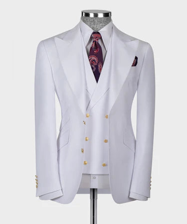 Valerio Milano 3-Piece Italian Men's Suit White 100% Wool Point Seam Triple Classic Vest Suit W/ Straight Leg Trouser