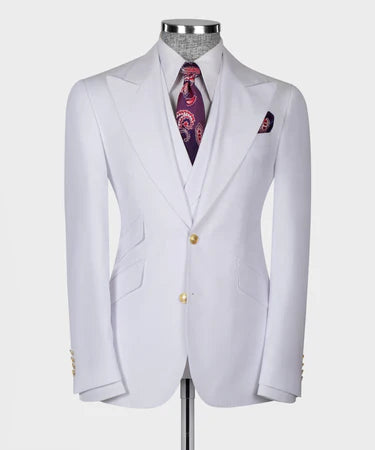 Valerio Milano 3-Piece Italian Men's Suit White 100% Wool Point Seam Triple Classic Vest Suit W/ Straight Leg Trouser