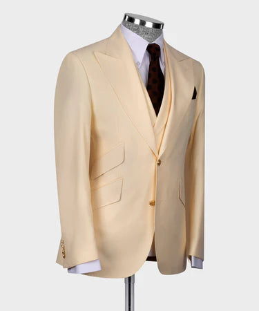 Valerio Milano 3-Piece Italian Men's Suit Beige 100% Wool 3 Side Pockets Triple Classic Vest Suit Point Seam