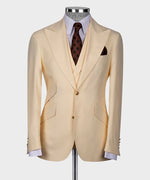 Valerio Milano 3-Piece Italian Men's Suit Beige 100% Wool 3 Side Pockets Triple Classic Vest Suit Point Seam