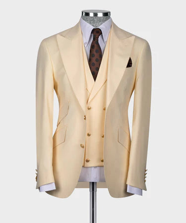 Valerio Milano 3-Piece Italian Men's Suit Beige 100% Wool 3 Side Pockets Triple Classic Vest Suit Point Seam