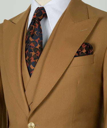 Valerio Milano 3-Piece Italian Men's Suit Camel 100% Wool Point Seam Triple Classic Suit W/ Straight Leg Trouser