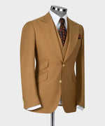 Valerio Milano 3-Piece Italian Men's Suit Camel 100% Wool Point Seam Triple Classic Suit W/ Straight Leg Trouser