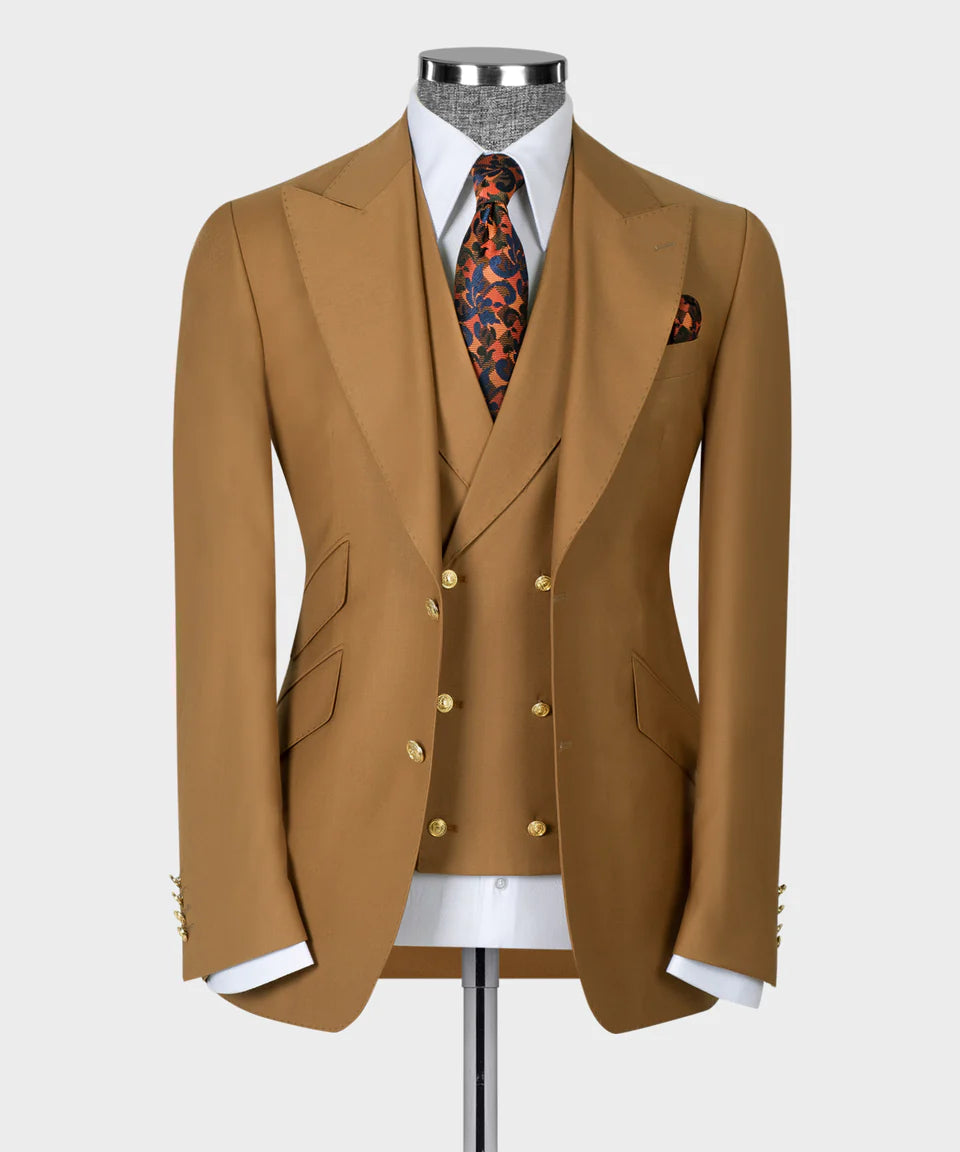 Valerio Milano 3-Piece Italian Men's Suit Camel 100% Wool Point Seam Triple Classic Suit W/ Straight Leg Trouser