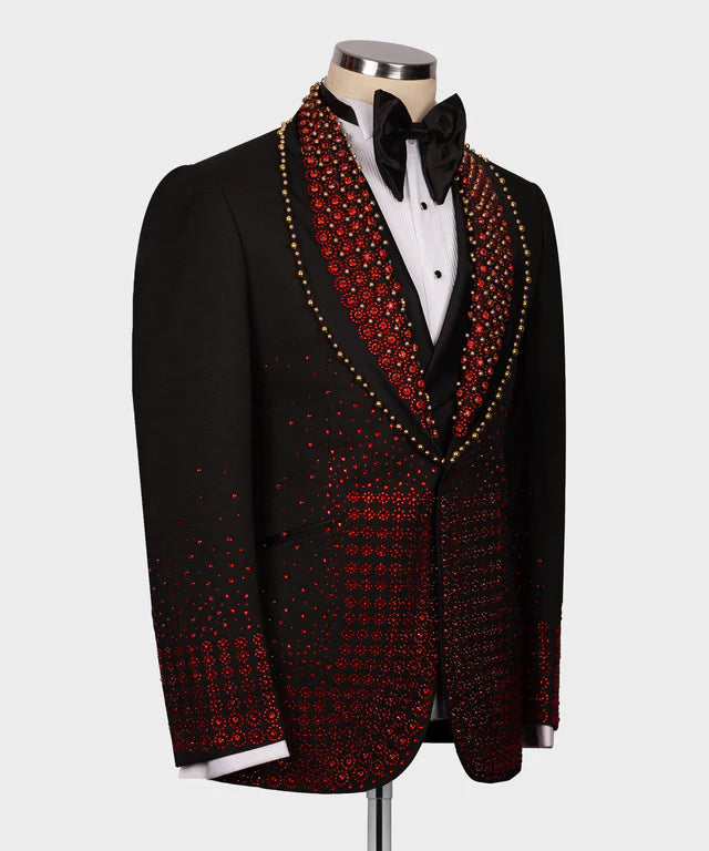 Valerio Milano 3-Piece Italian Men's Suit Red Gem Stone Black Custom Tuxedo Suit