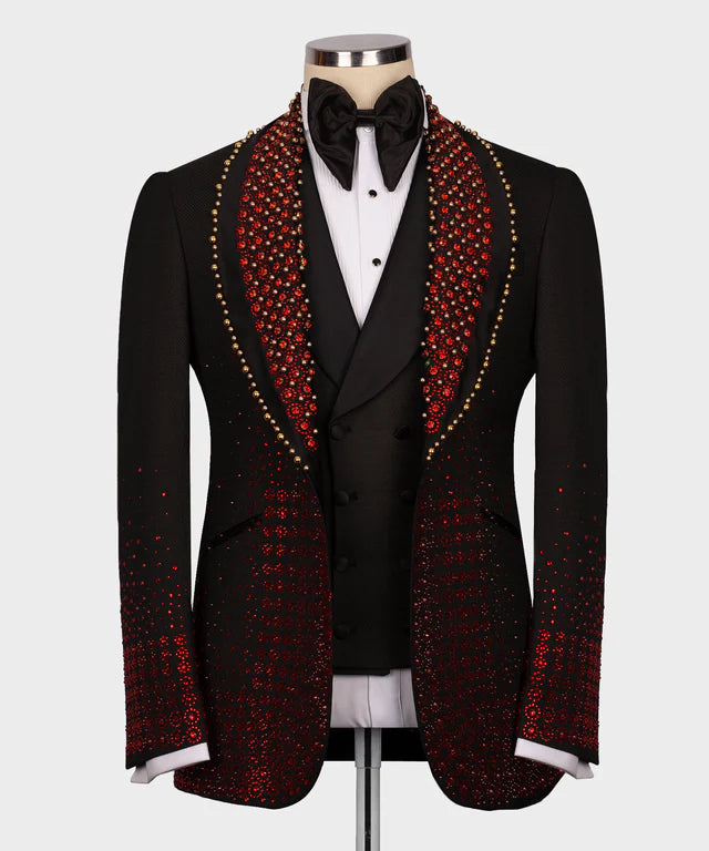 Valerio Milano 3-Piece Italian Men's Suit Red Gem Stone Black Custom Tuxedo Suit
