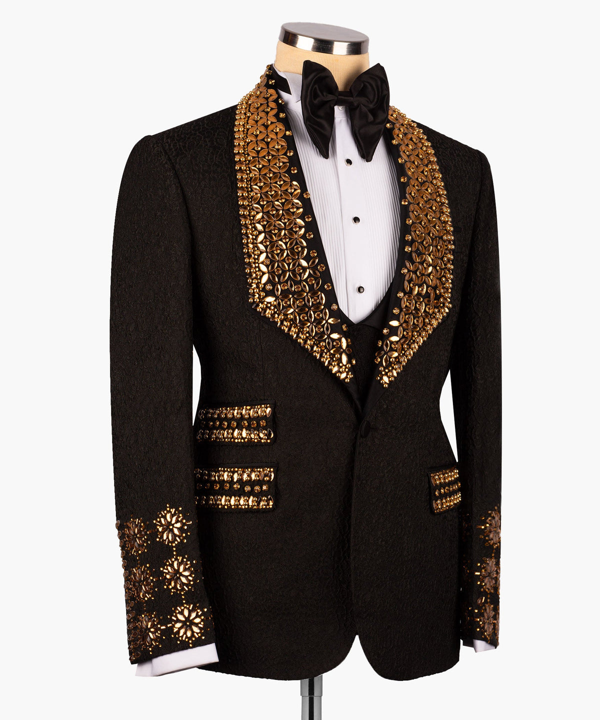 Valerio Milano Men's Gold Gem Stone Black Tuxedo Custom Desing Vest Suit