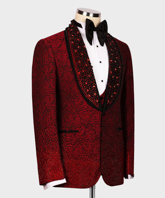 Valerio Milano 3-Piece Italian Men's Suit Red Gem Stone Red Custom Tuxedo Suit