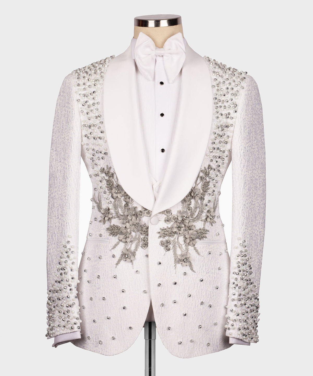 Valerio Milano Men's White Flower Themed Custom Tuxedo Vest Suit & Bowtie