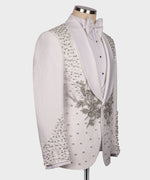 Valerio Milano Men's White Flower Themed Custom Tuxedo Vest Suit & Bowtie
