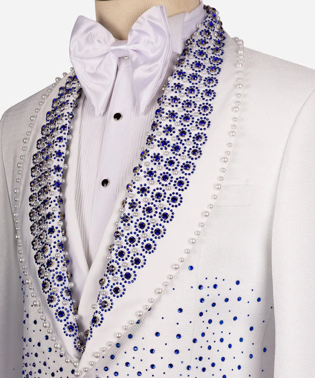 Valerio Milano Blue Gem Stone Detailed White Custom Tuxedo Suit
