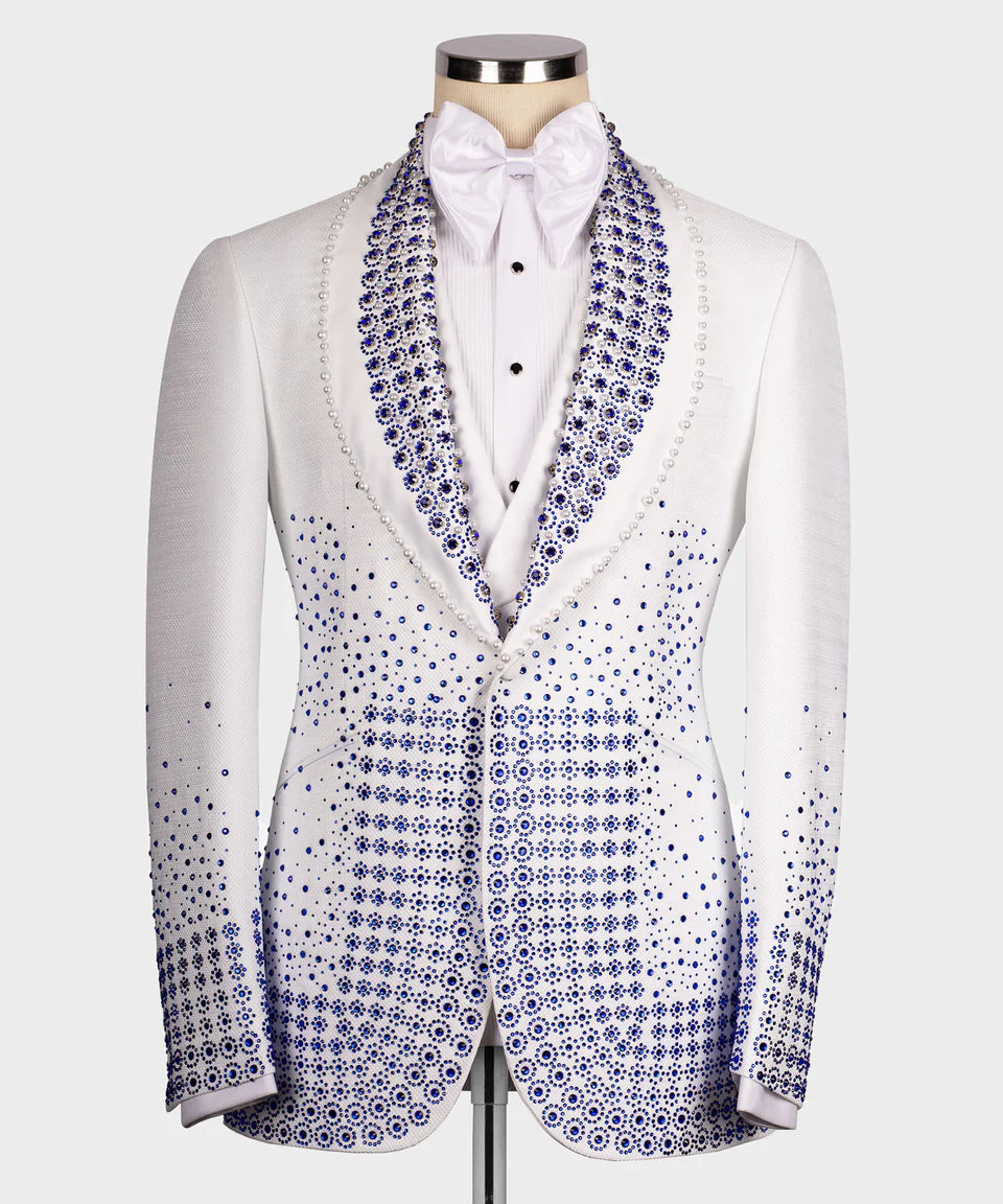 Valerio Milano Blue Gem Stone Detailed White Custom Tuxedo Suit