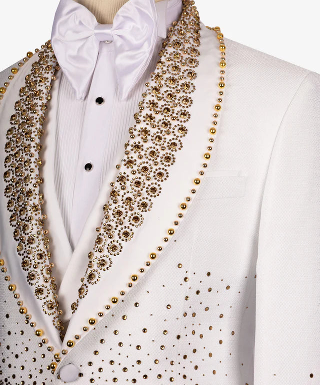 Valerio Milano Gold Gem Stone Detailed White Custom Tuxedo Suit