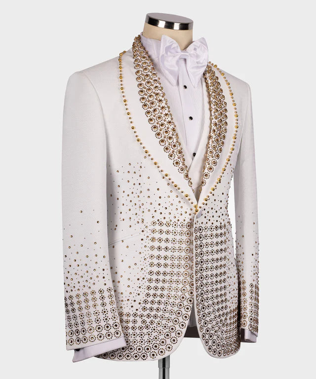 Valerio Milano Gold Gem Stone Detailed White Custom Tuxedo Suit