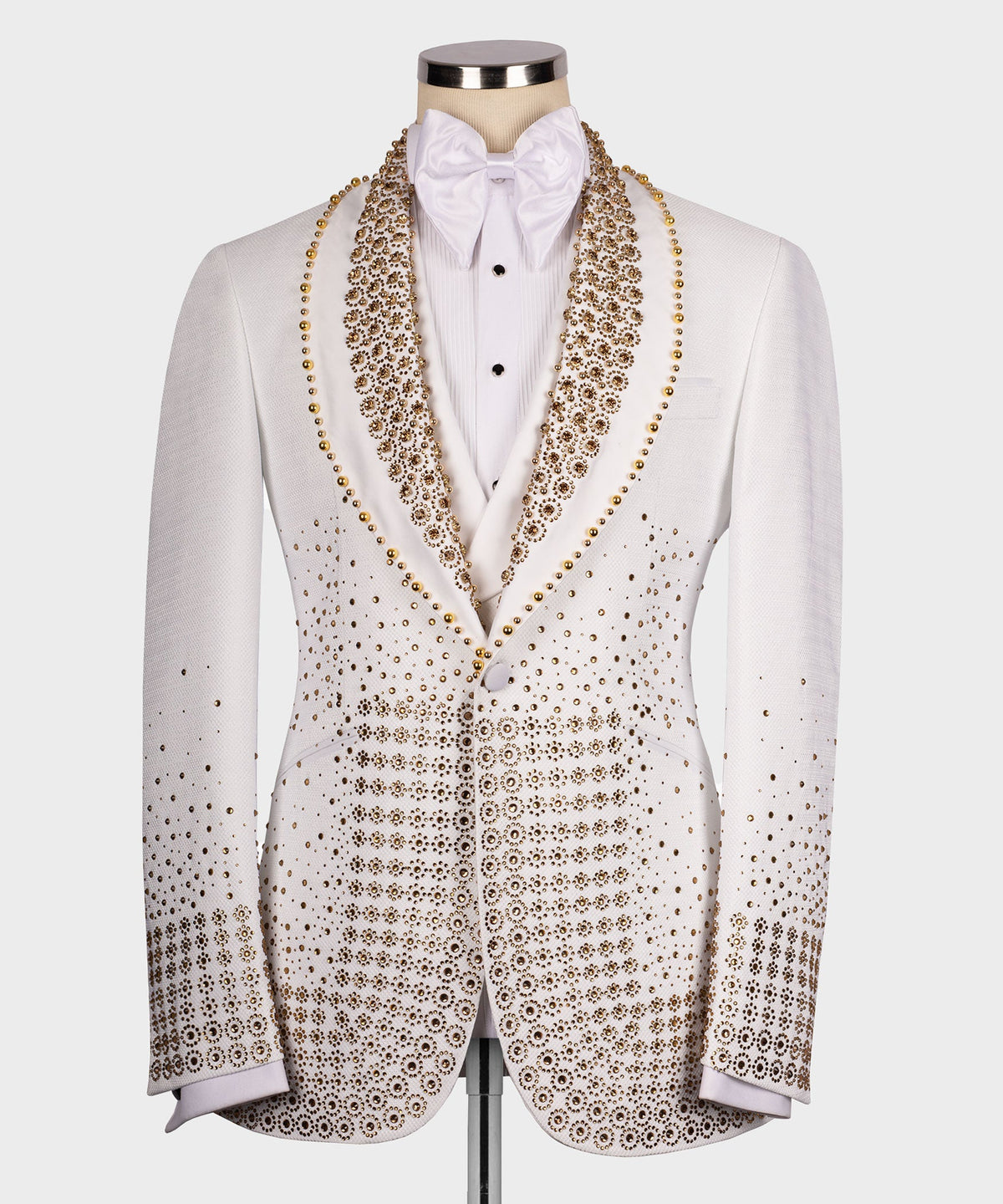 Valerio Milano Men's Gold Gem Stone Detailed White Tuxedo Custom Desing Vest Suit