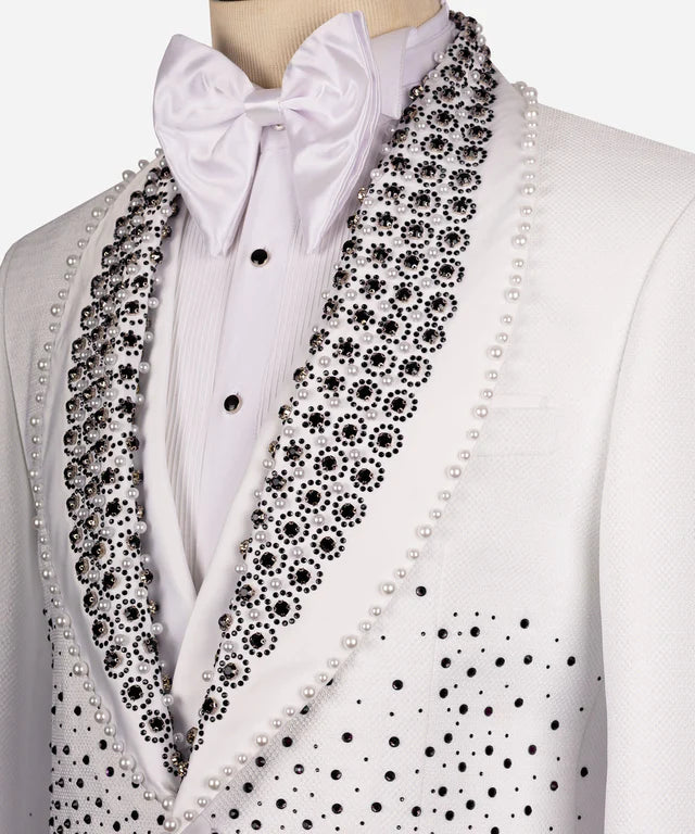 Valerio Milano Black Gem Stone Detailed White Custom Tuxedo Suit