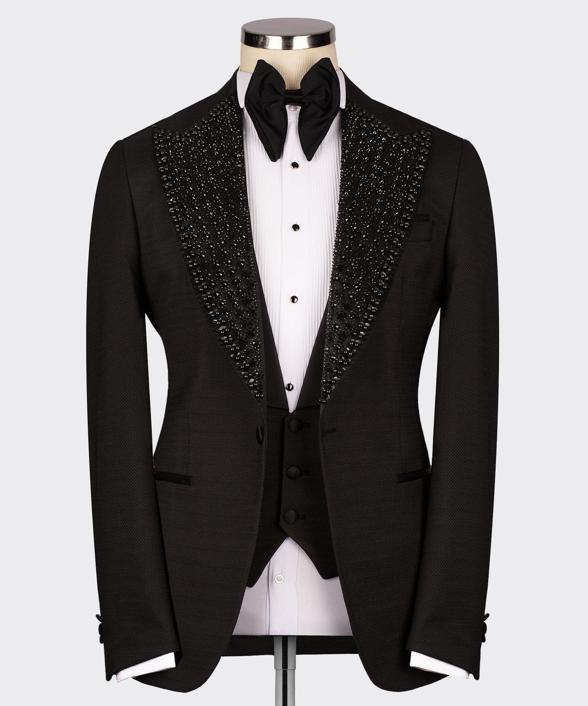 Valerio Milano Men's Black Silk & Wool Gem Stone Collar Custom Tuxedo W/ Bowtie