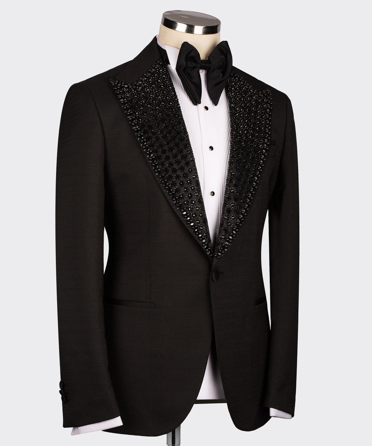 Valerio Milano Men's Black Silk & Wool Gem Stone Collar Custom Tuxedo W/ Bowtie