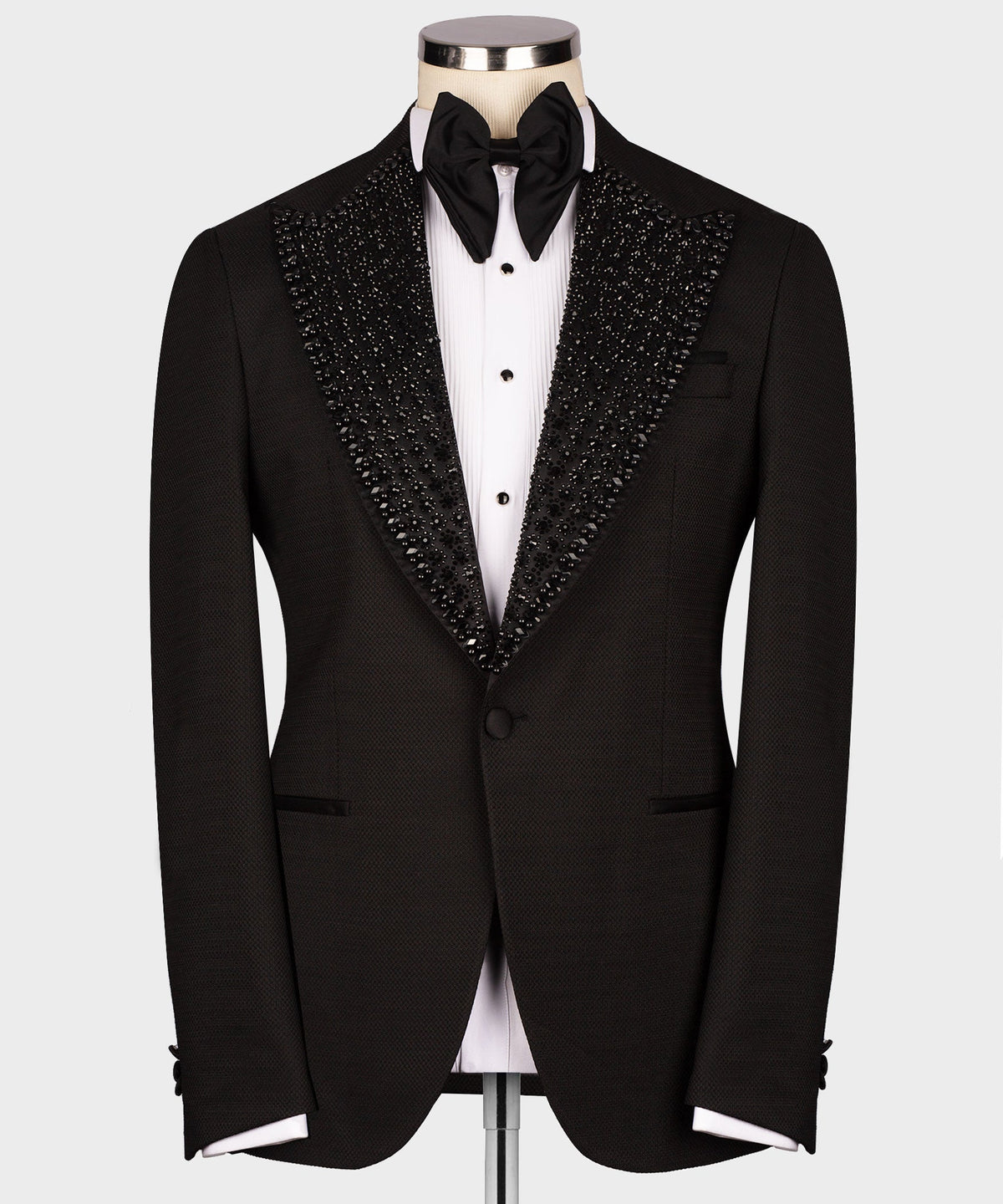 Valerio Milano Men's Black Silk & Wool Gem Stone Collar Custom Tuxedo W/ Bowtie