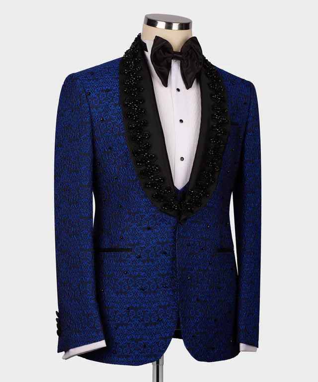 Valerio Milano 3-Piece Italian Men's Suit Black Gem Stone Blue Laleped Special Tuxedo Suit