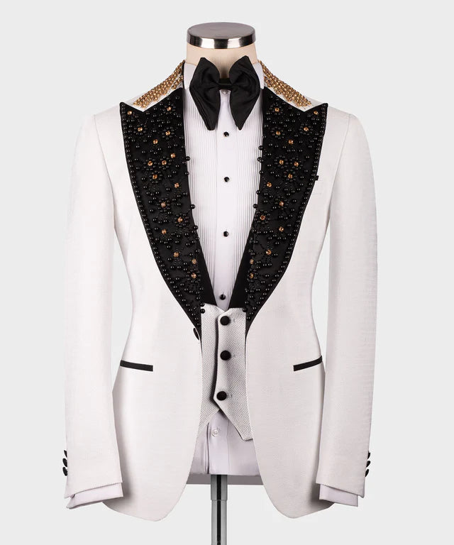 Valerio Milano Gem Stone Pİcked Lapeled Specİal Whİte&Black Tuxedo Suit