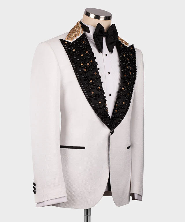 Valerio Milano Gem Stone Pİcked Lapeled Specİal Whİte&Black Tuxedo Suit