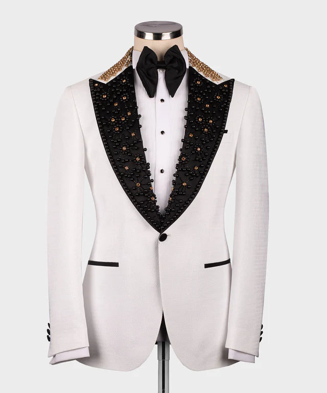 Valerio Milano Gem Stone Pİcked Lapeled Specİal Whİte&Black Tuxedo Suit