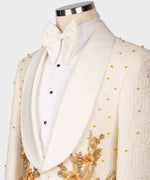 Valerio Milano Men's Cream Flower Patterned Gold Tuxedo Vest Suit Trousers & Bowtie